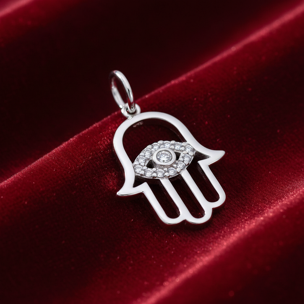 Hand of Hamsa Pendant Zircon Gemstones Solid Sterling Silver 925 Hallmark