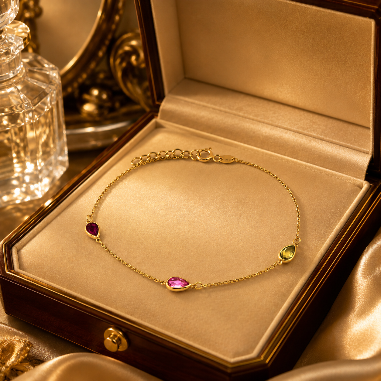 Multicolour Pear Gemstones Station Bracelet Yellow Gold 375 Hallmark 17.5-19cm