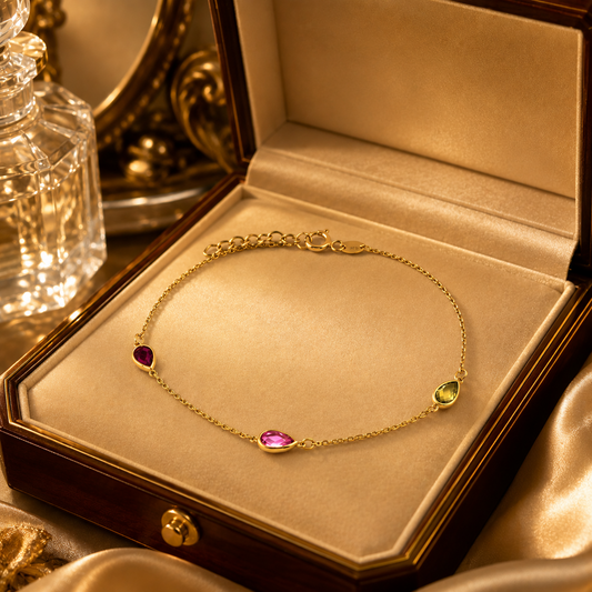 Multicolour Pear Gemstones Station Bracelet Yellow Gold 375 Hallmark 17.5-19cm