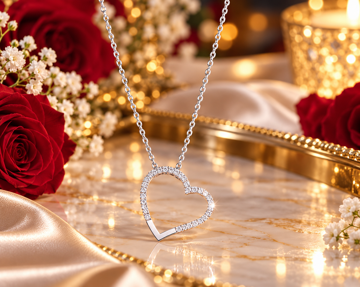 Sparkling Diamond Heart Pendant Necklace 9ct White Gold 18" Love Gift for Her