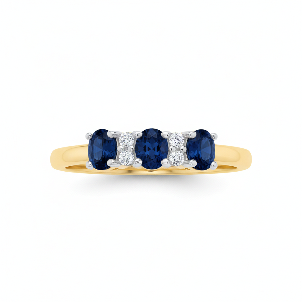 Sapphire Three Stone Trilogy Ring 18ct Gold on Solid Sterling Silver Size K-S