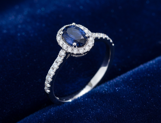 Sterling Silver Sapphire Ring Oval Halo Engagement 925 Hallmark Size K-S