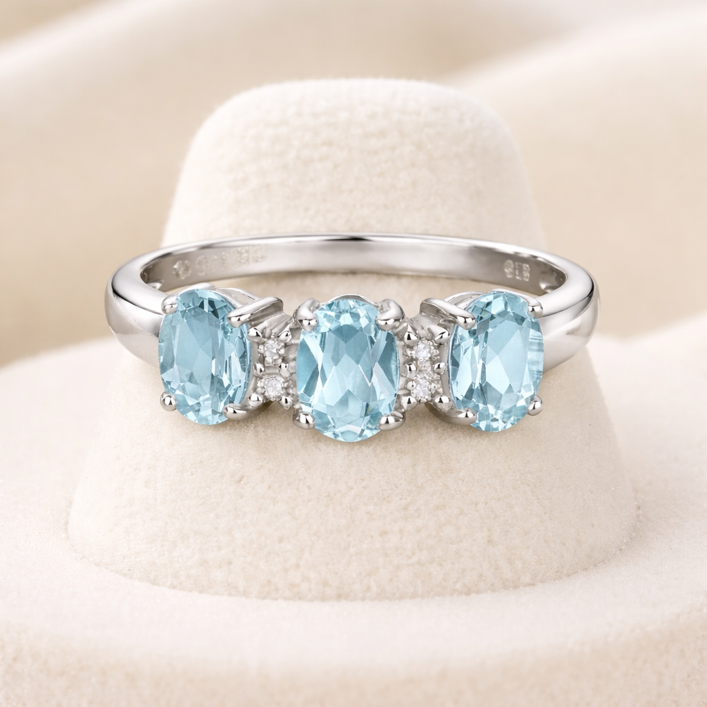 Aquamarine and Diamond Ring 9ct White Gold Three Stone Trilogy Size J - Q