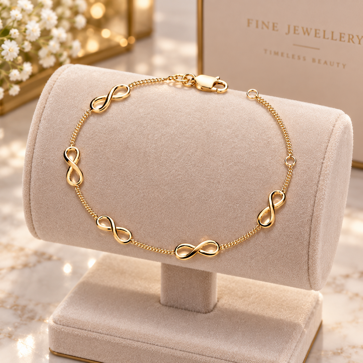 18ct Gold Infinity Symbol Chain Bracelet for Women Lobster Clasp on Solid Silver