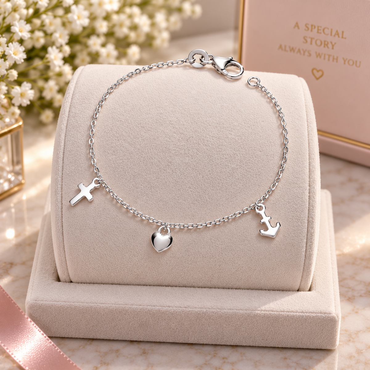 Elegant Sterling Silver Charm Bracelet with Heart, Cross & Anchor 925 Hallmark