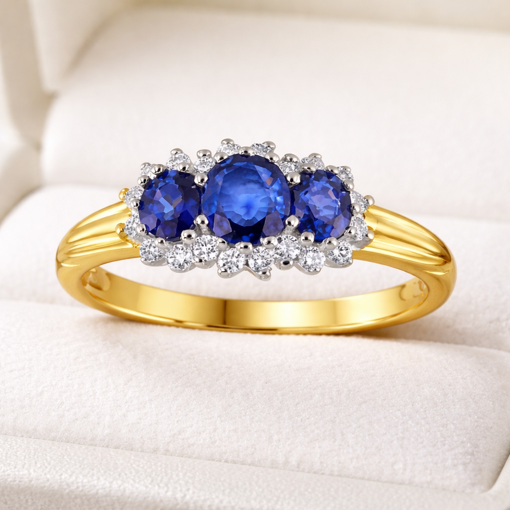 Sapphire and Diamond Trilogy Ring 9ct Yellow Gold Three Stone Engagement