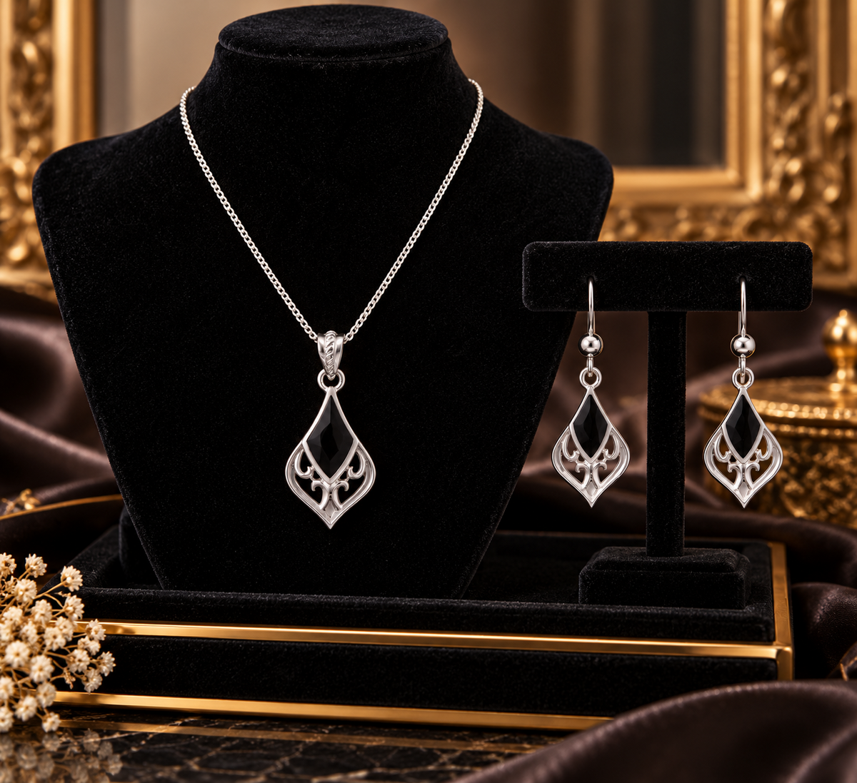 Real Onyx Filigree Pendant Necklace and Matching Drop Earrings Sterling Silver