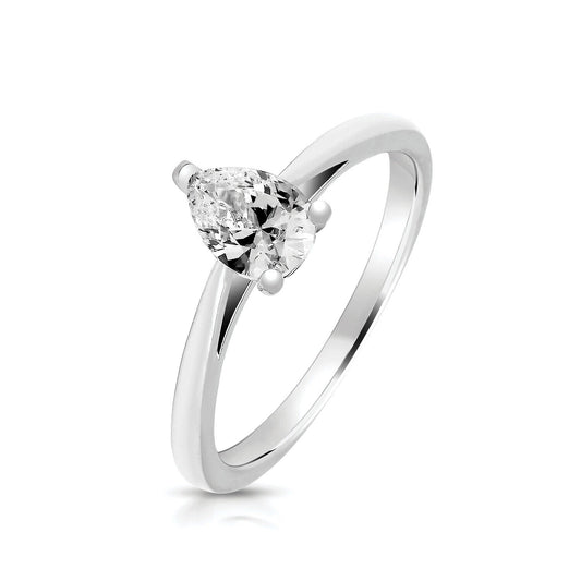 Sterling Silver 3 Claw Set 7x5mm Pear Solitaire Ring 925 Hallmark Rhodium Plated
