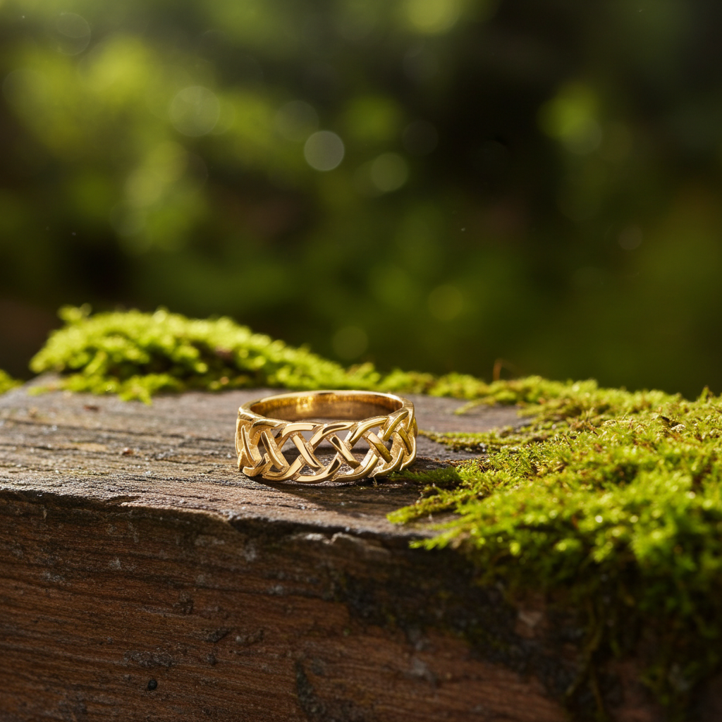 18ct Gold Celtic Band Ring on Solid Sterling Silver 925 Hallmark Size J - V