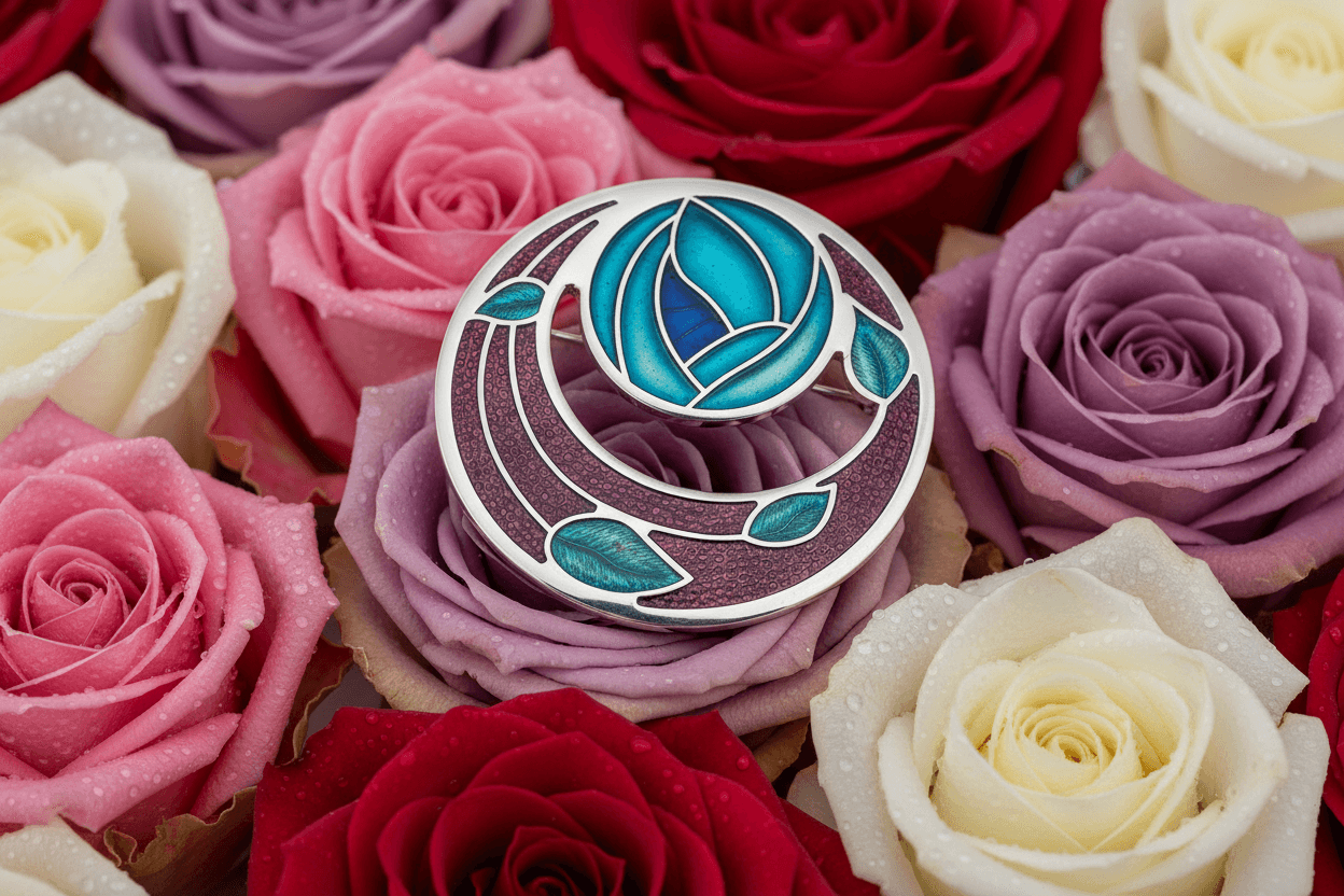 Mauve Mackintosh Rose and Coils Brooch Silver Plated Brand New Gift Packaging