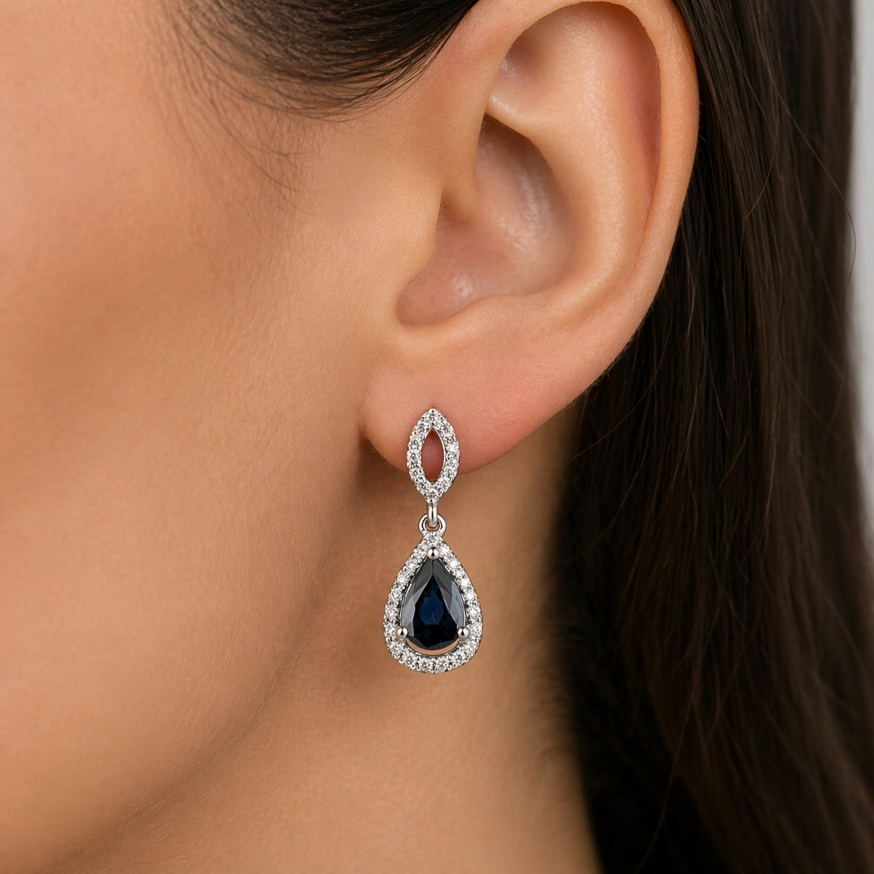 Natural Sapphire and Diamond Earrings Solid 18ct White Gold Pear Halo Hallmarked