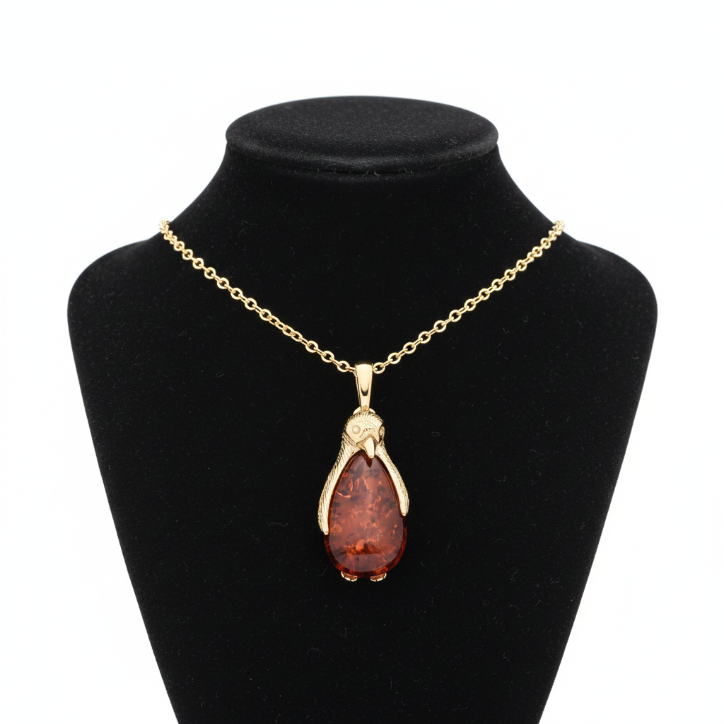 Natural Amber Penguin Pendant 18ct Gold on Solid Sterling Silver 925 18" Chain