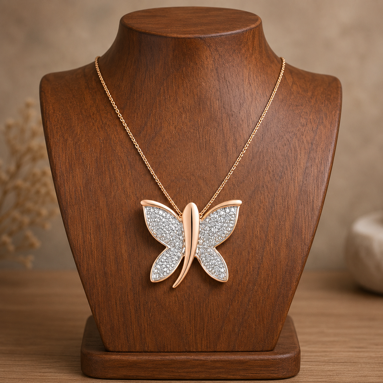 Natural Diamond Butterfly Pendant 9ct Rose Gold 18" Chain Hallmark British Made