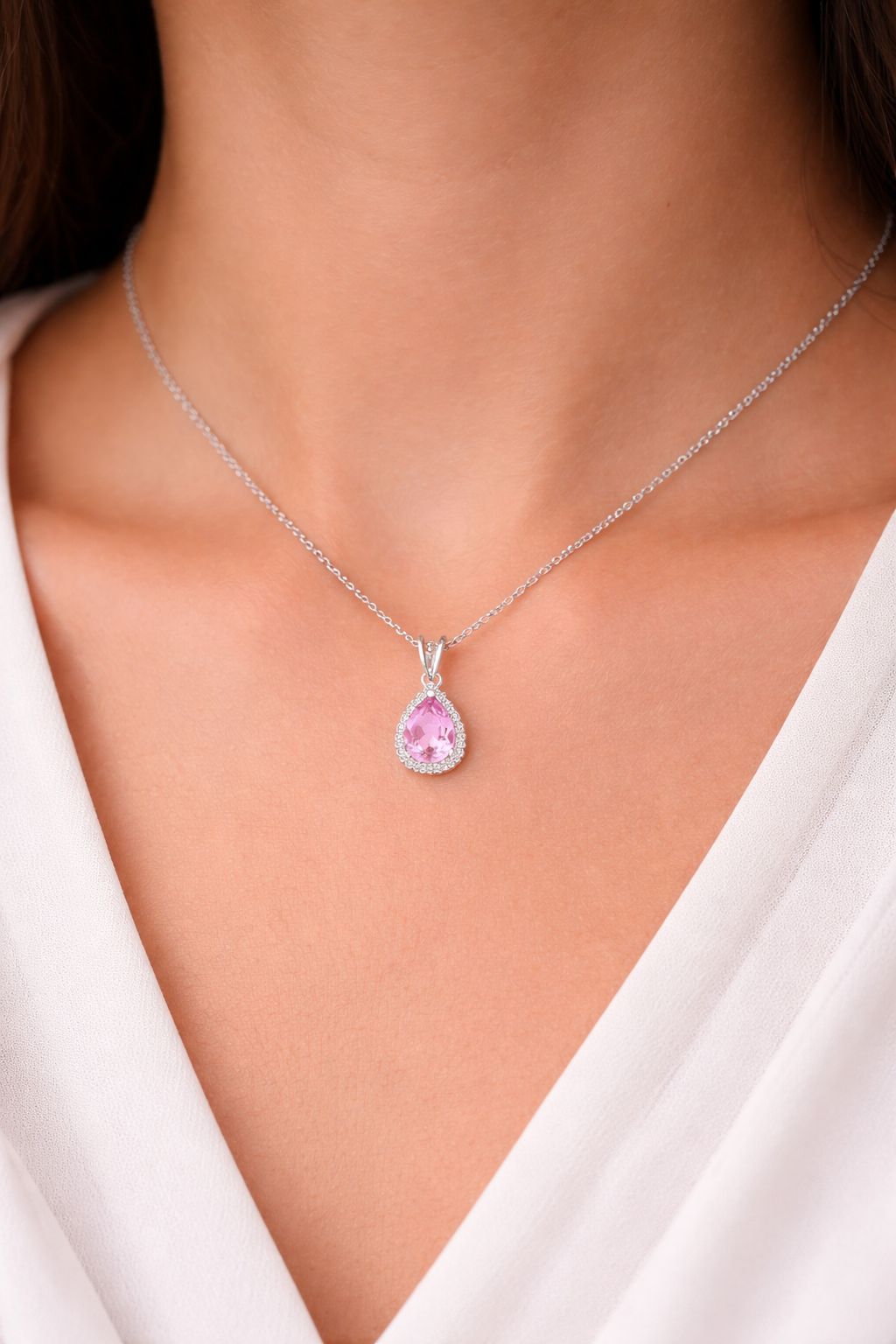 Pink Sapphire Pear Pendant With Diamonds 9ct White Gold 18" 46cm Length Chain