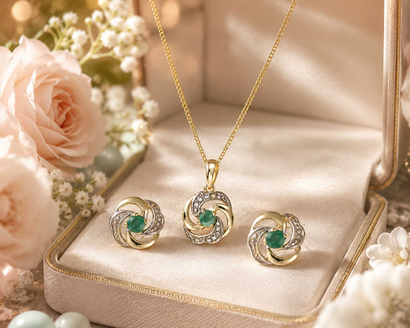 Luxury Emerald Swirl Jewellery Set – Perfect Gift for Her - Solid Yellow Gold