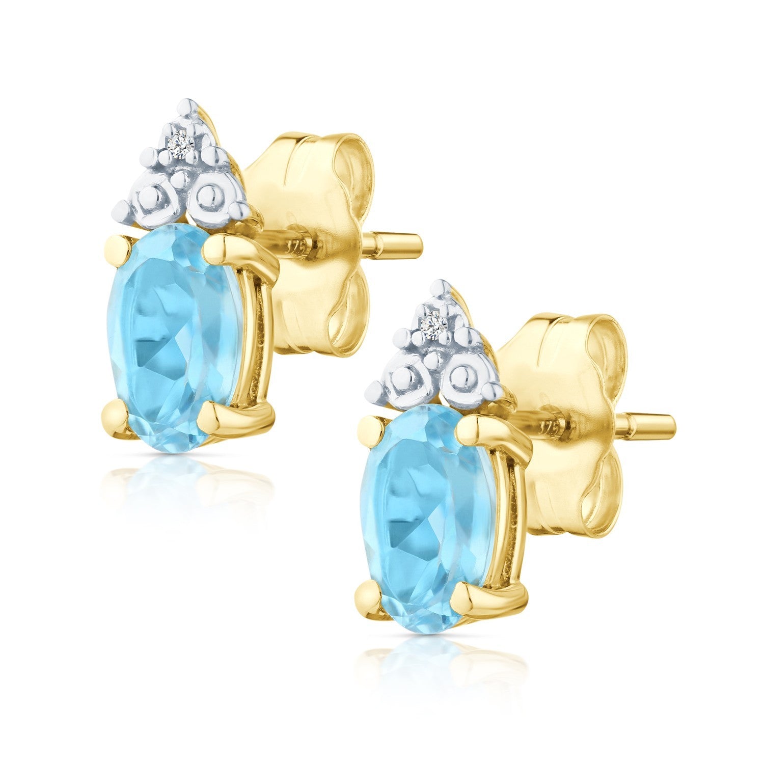Yellow Gold Natural Blue Topaz & Diamond Accent Oval Stud Earrings