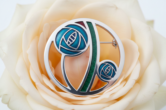 Mackintosh Turquoise Rose Brooch Cut Out Silver Plated Brand New Gift Packaging