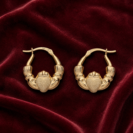 18ct Gold Claddagh Creole Hoop Earrings on Sterling Silver 21mm 925 Hallmark