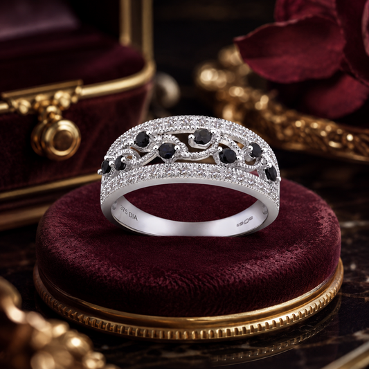 Blue Sapphire & Diamond Filigree Band Ring for Women Solid White Gold Hallmarked