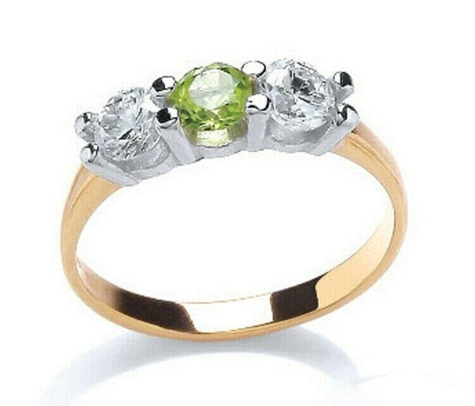 Real Peridot Trilogy Ring 9ct Yellow Gold Three Stone Engagement Full Hallmark