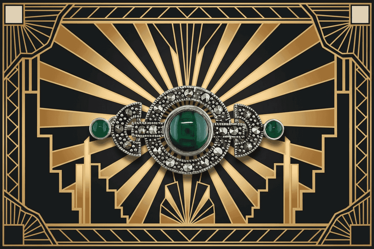 Art Deco Circles Brooch Marcasite and Green Agate 925 Sterling Silver