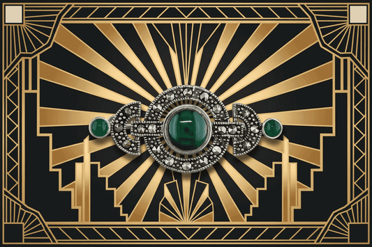 Art Deco Circles Brooch Marcasite and Green Agate 925 Sterling Silver