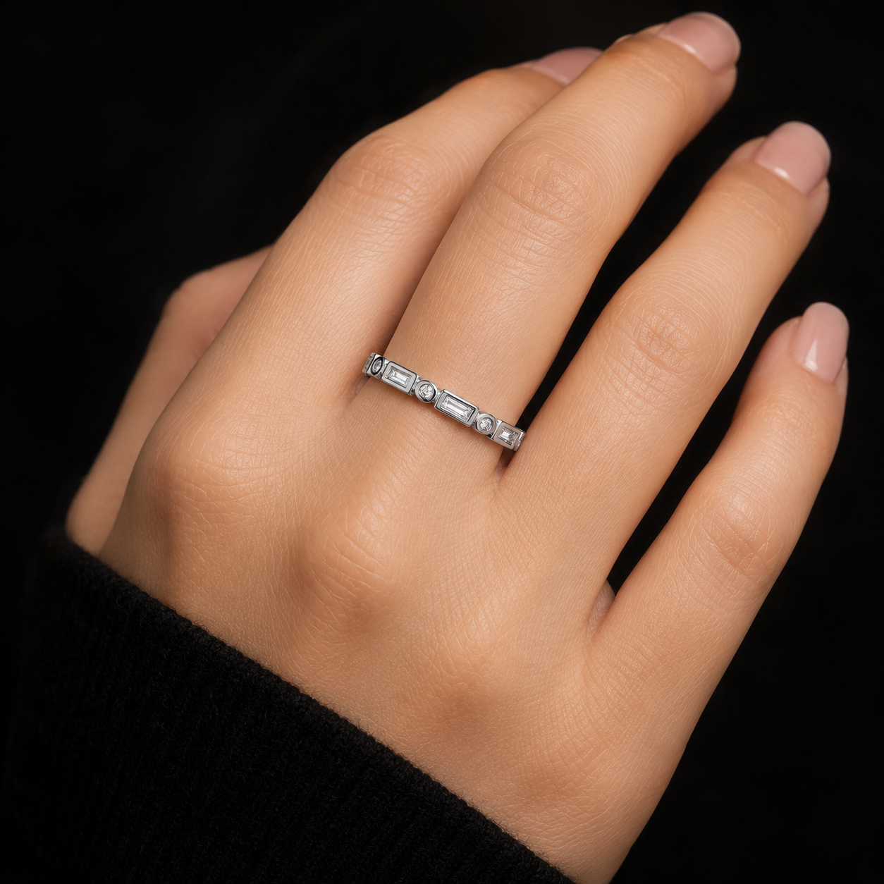 Sterling Silver Full Eternity Band Ring Baguette and Round Gems 925