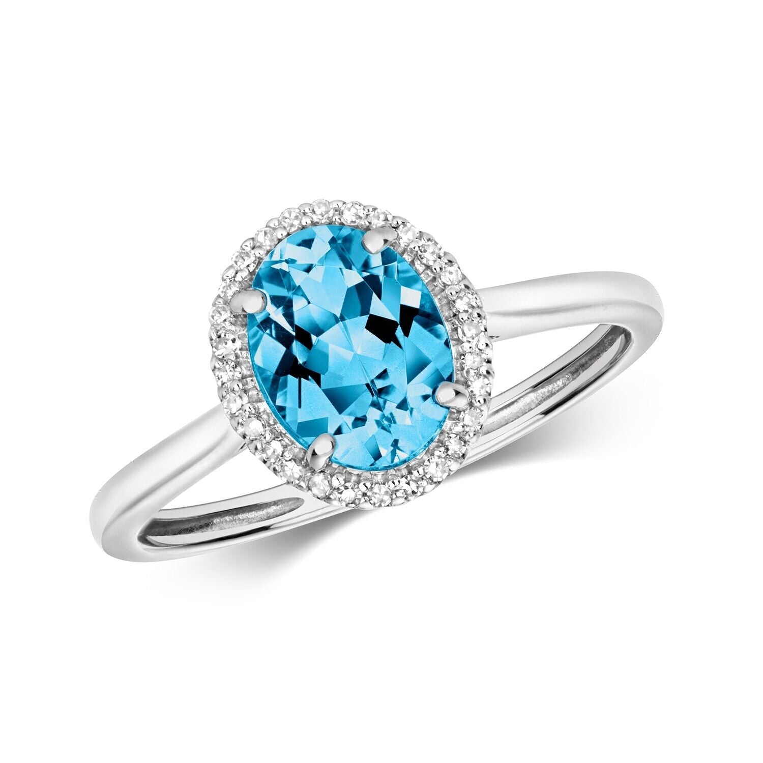 Real Swiss Blue Topaz and Diamond Ring Solid White Gold Oval Cluster Size J - Q