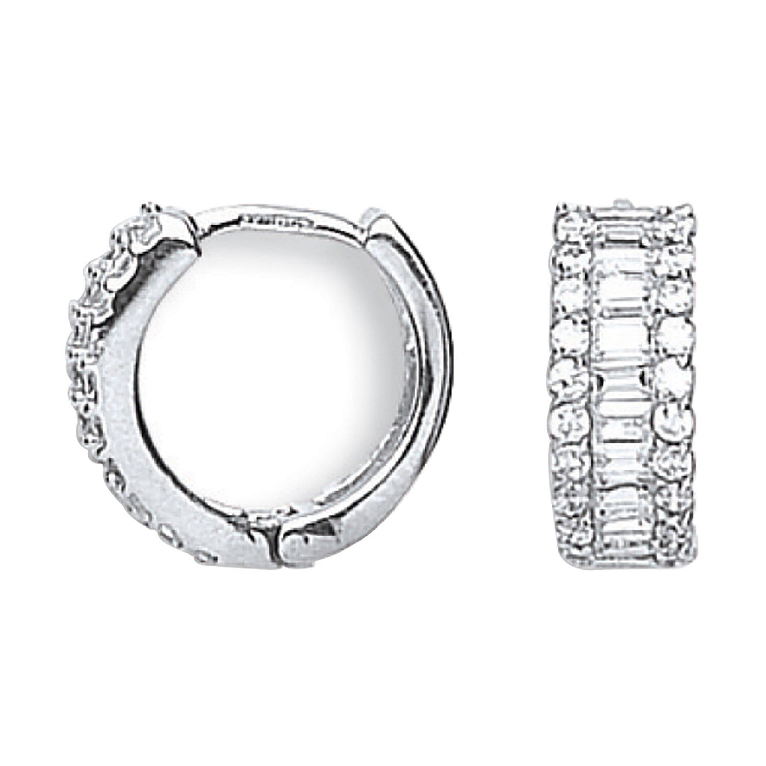 White Gold Huggie Hoop Earrings Baguette and Round Zircon 15mm Hinged Hallmark