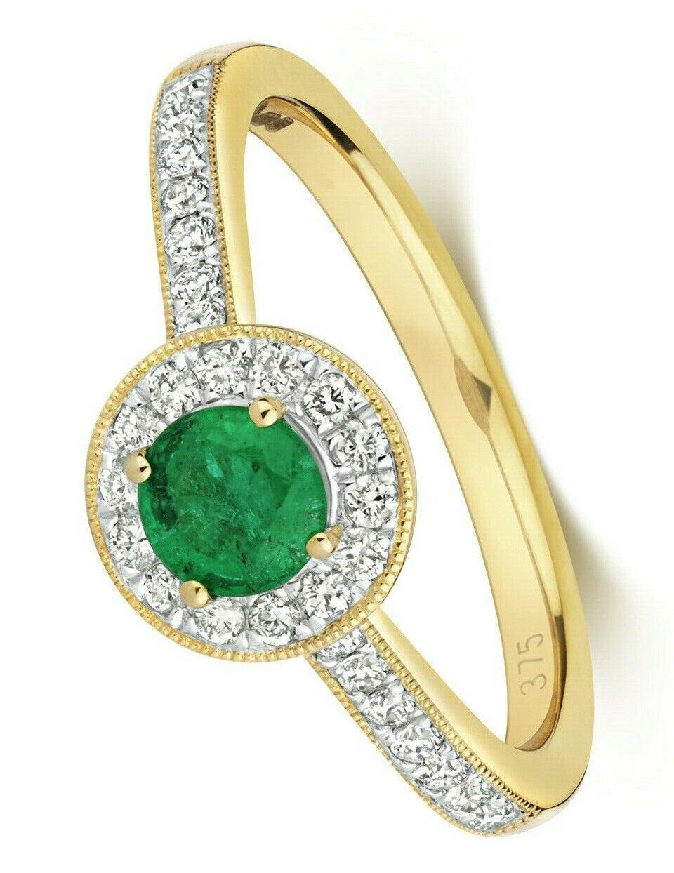Real Emerald and Diamond Ring 9ct Yellow Gold Round Halo Cluster Engagement