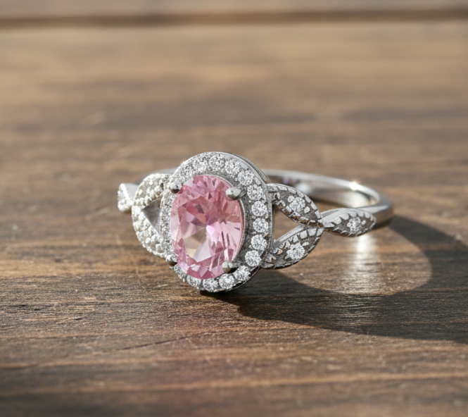 Sterling Silver Pink Topaz Ring Vintage Style Oval Halo 925 Hallmark Size K-S