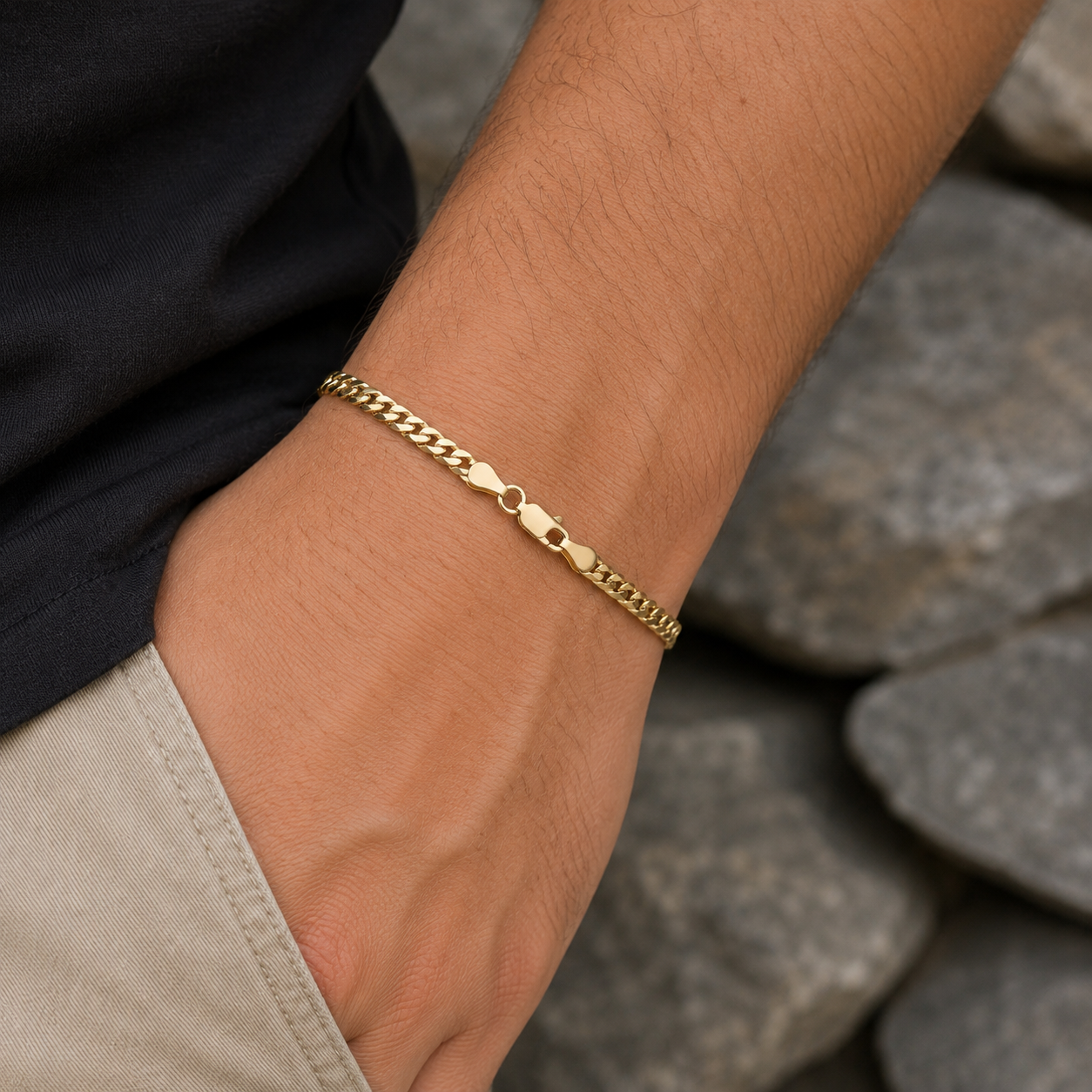 18ct Gold Mens Very Flat Curb Bracelet on Solid Silver 4mm Wide 8"