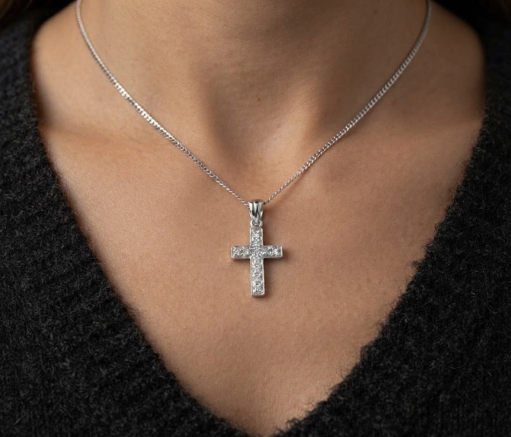 Real Diamond Cross Pendant 9ct White Gold 18" / 45cm Chain Hallmarked