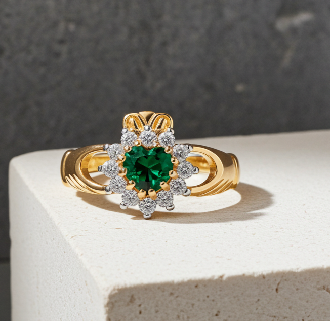 18ct Gold Emerald Claddagh Ring on Solid Sterling Silver  925 Hallmark