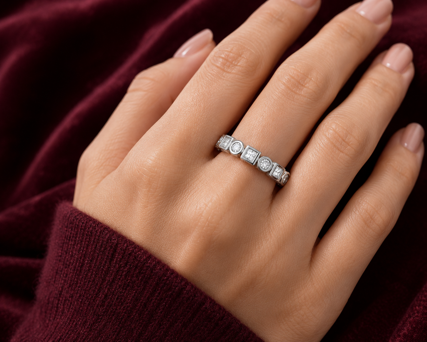 Sterling Silver Full Eternity Band Ring Square Princess and Round Gems 925