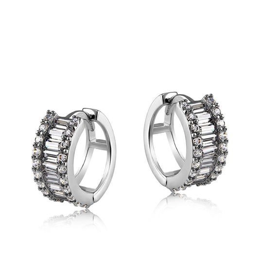White Gold Huggie Hoop Earrings Baguette and Round Zircon 15mm Hinged Hallmark
