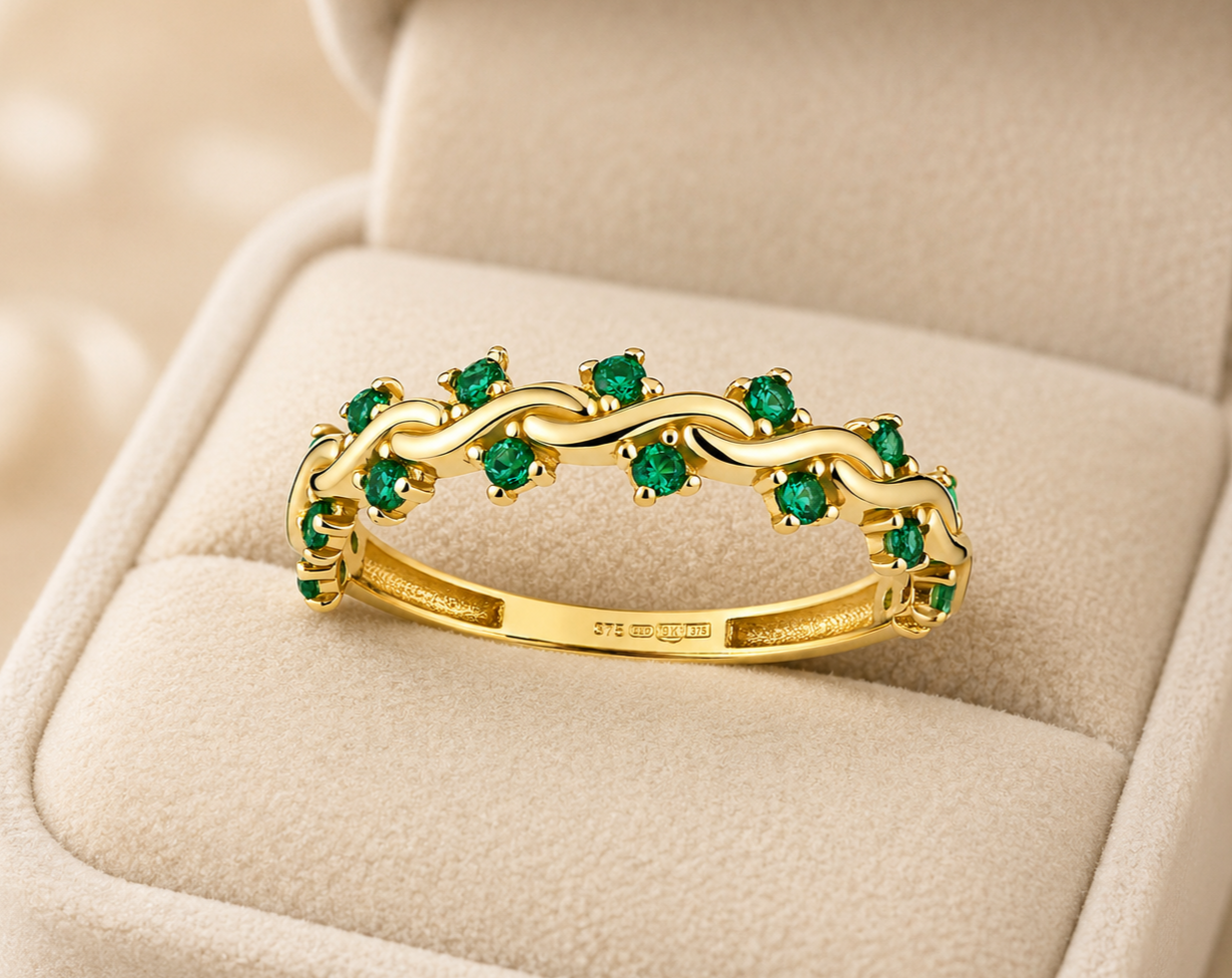 Emerald 9k Yellow Gold Designer Band Ring Eternity Stacking Hallmarked Size K-S