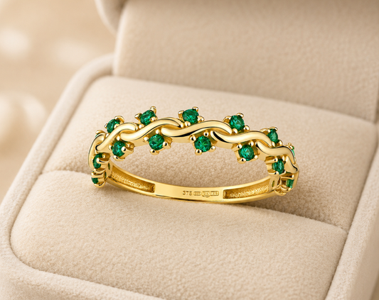 Emerald 9k Yellow Gold Designer Band Ring Eternity Stacking Hallmarked Size K-S