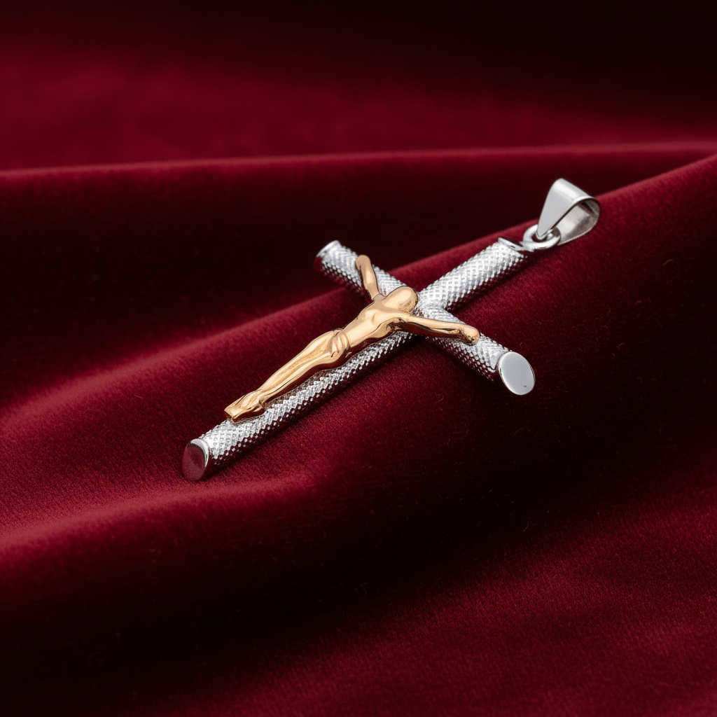 Two Tone Crucifix Cross Pendant 925 Sterling Silver 18ct Gold Detail 47mm
