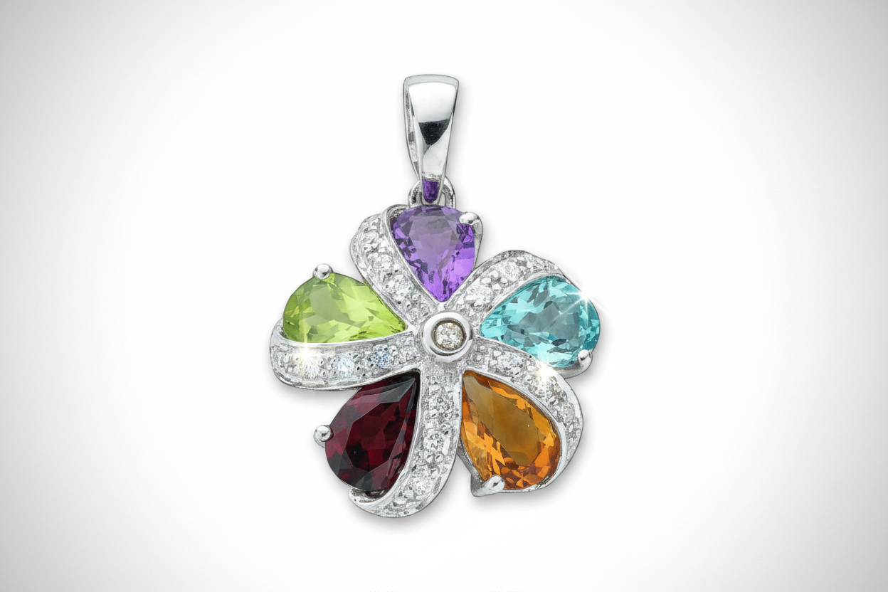 9ct White Gold  Multi Gem and Diamond Flower Pendant