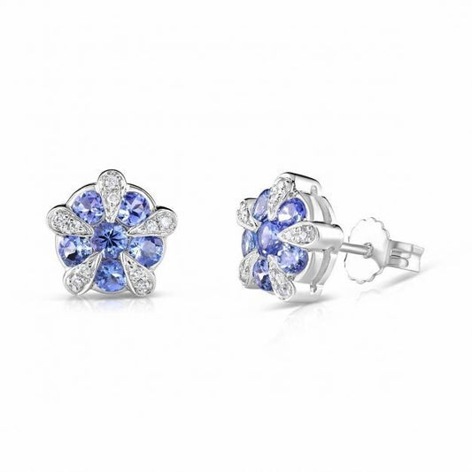 9ct White Gold Tanzanite and Diamond Earrings 9.4mm Diameter Hallmarked