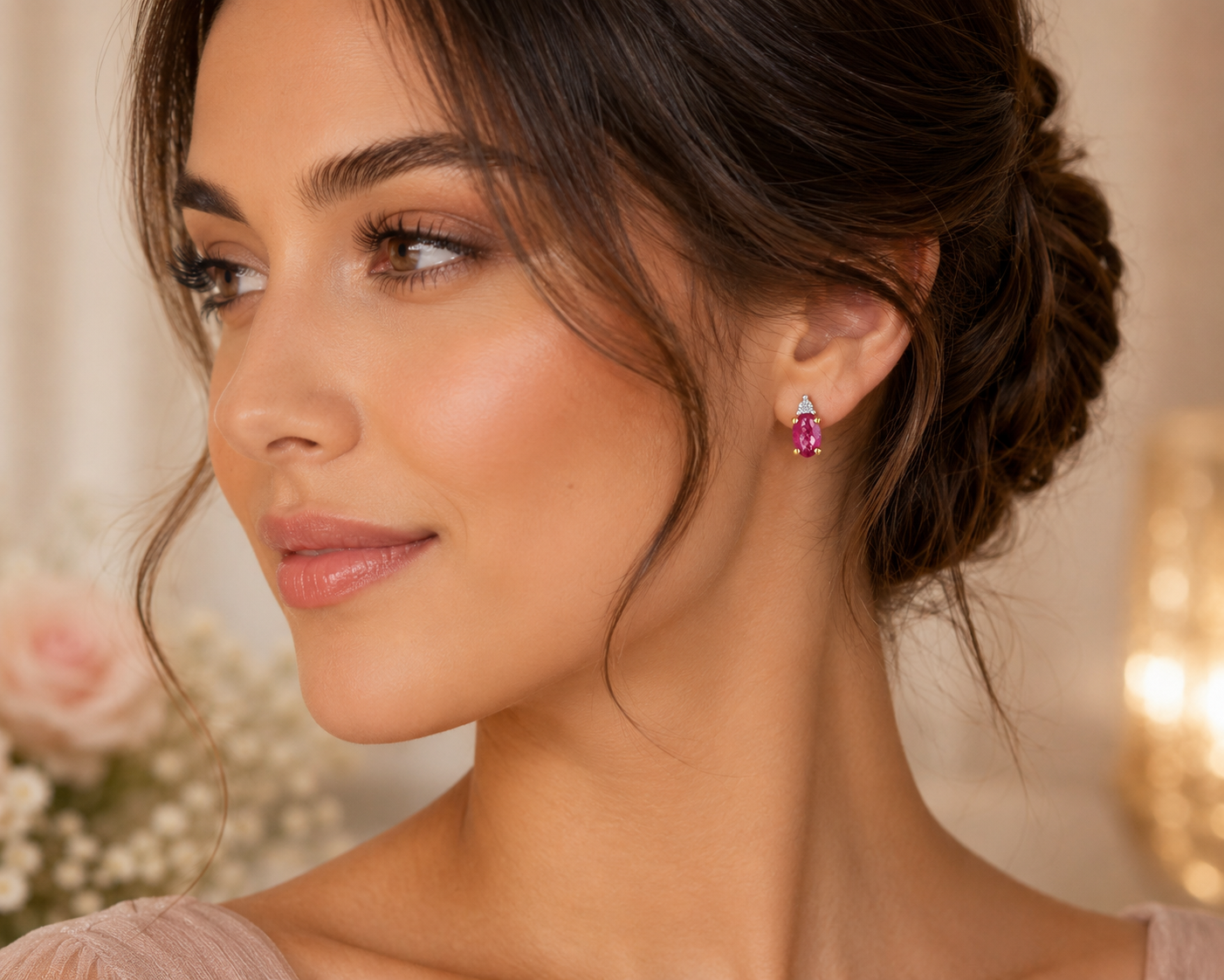 Yellow Gold Natural Ruby & Diamond Accent Oval Stud Earrings