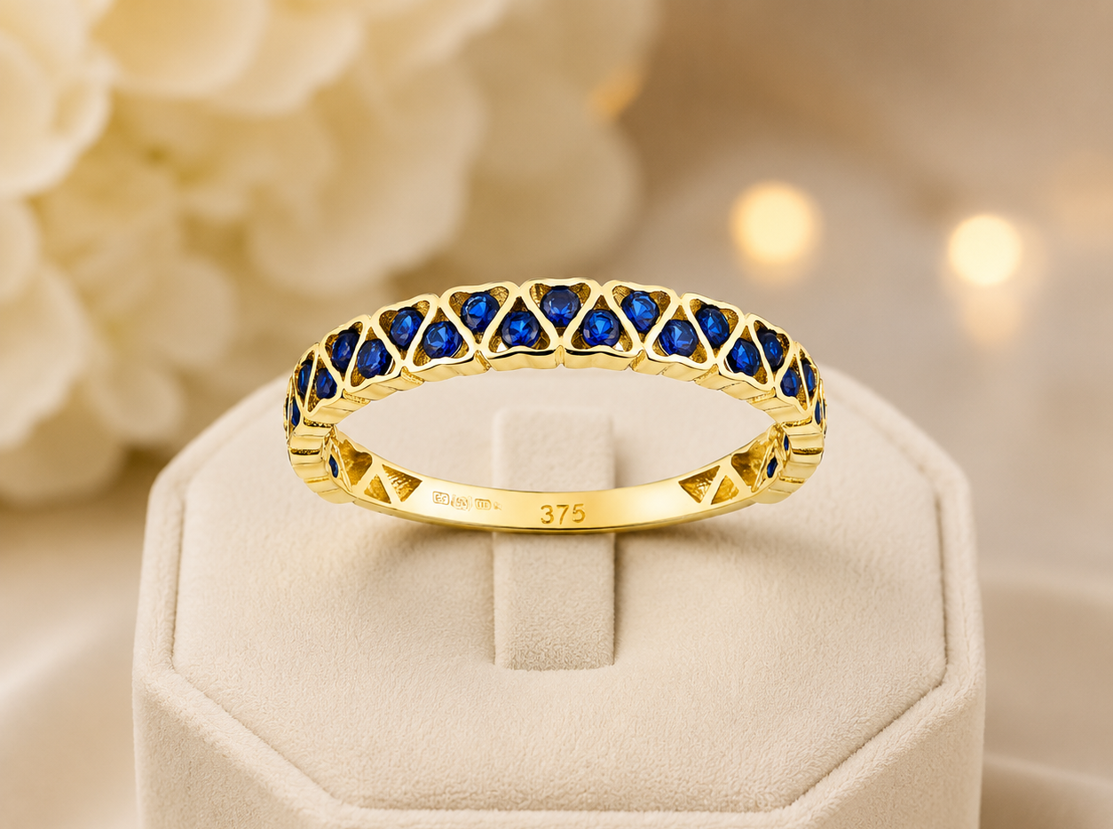9k Yellow Gold Blue Sapphire Heart Eternity Band Stackable Ring