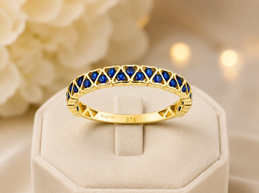 9k Yellow Gold Blue Sapphire Heart Eternity Band Stackable Ring