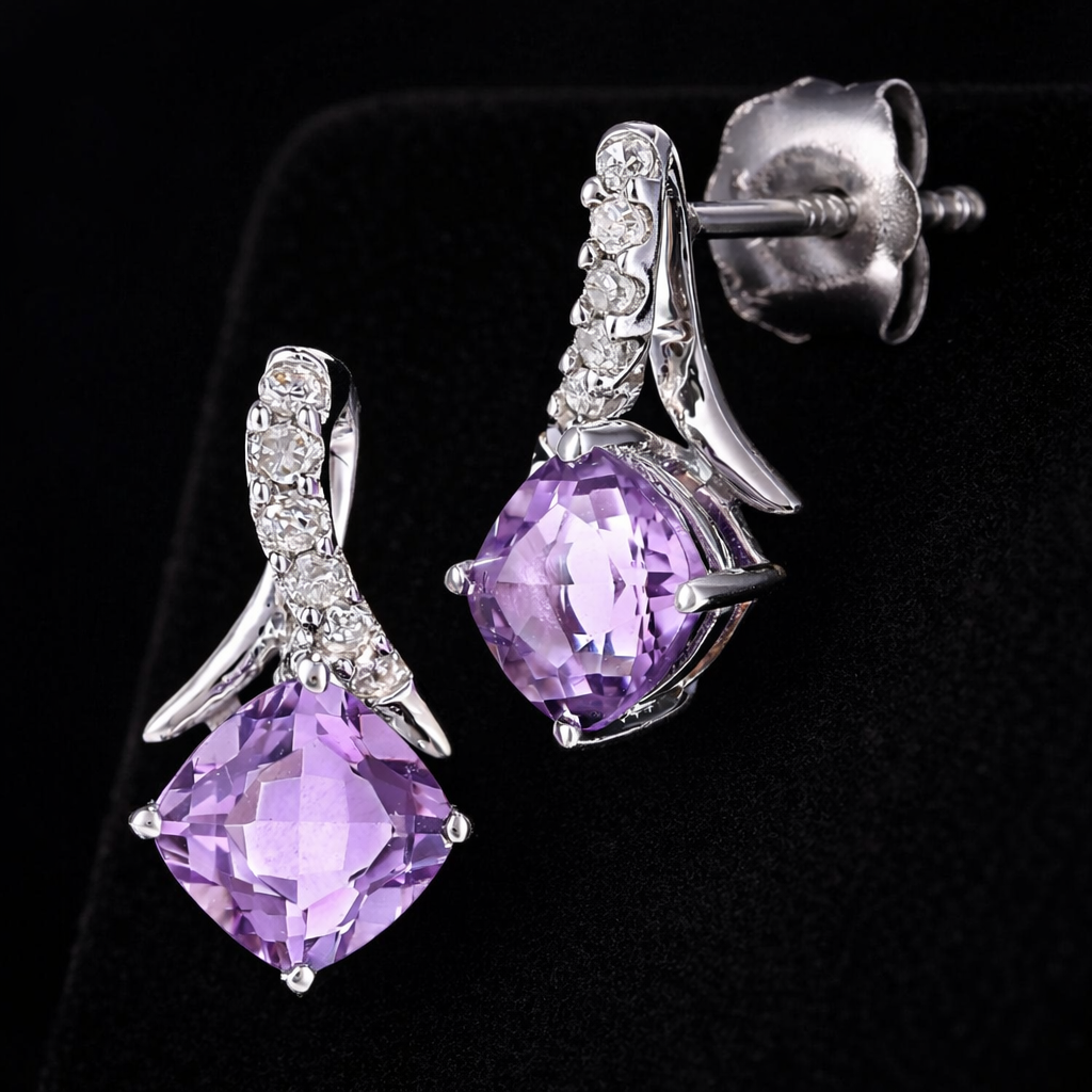 Natural Amethyst and Diamond Earrings Solid White Gold Cushion Drops Hallmarked