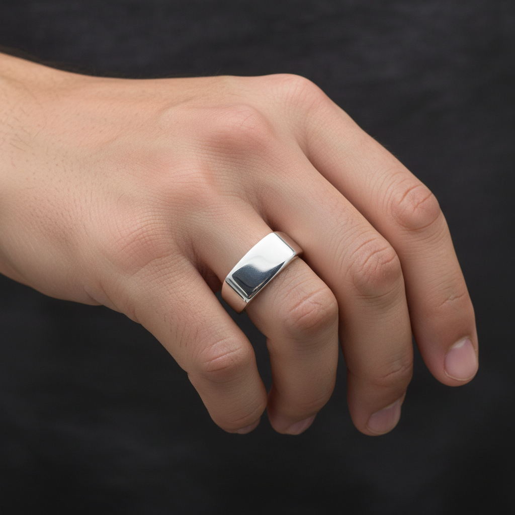 Men's Plain Signet Ring Oblong Cushion Band Solid Sterling Silver Full Hallmark