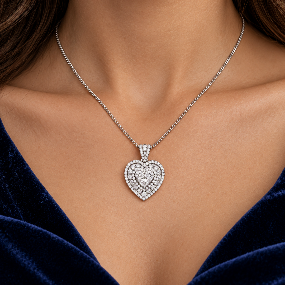 Real Diamond Heart Pendant 18ct White Gold 18" Chain 1.35ctw of Premium Diamonds