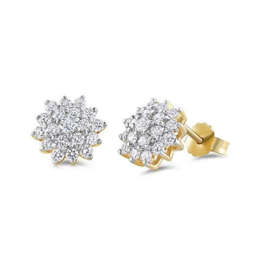 9ct Yellow Gold 1.00ct Diamond Cluster Stud Earrings Hallmarked - 10mm