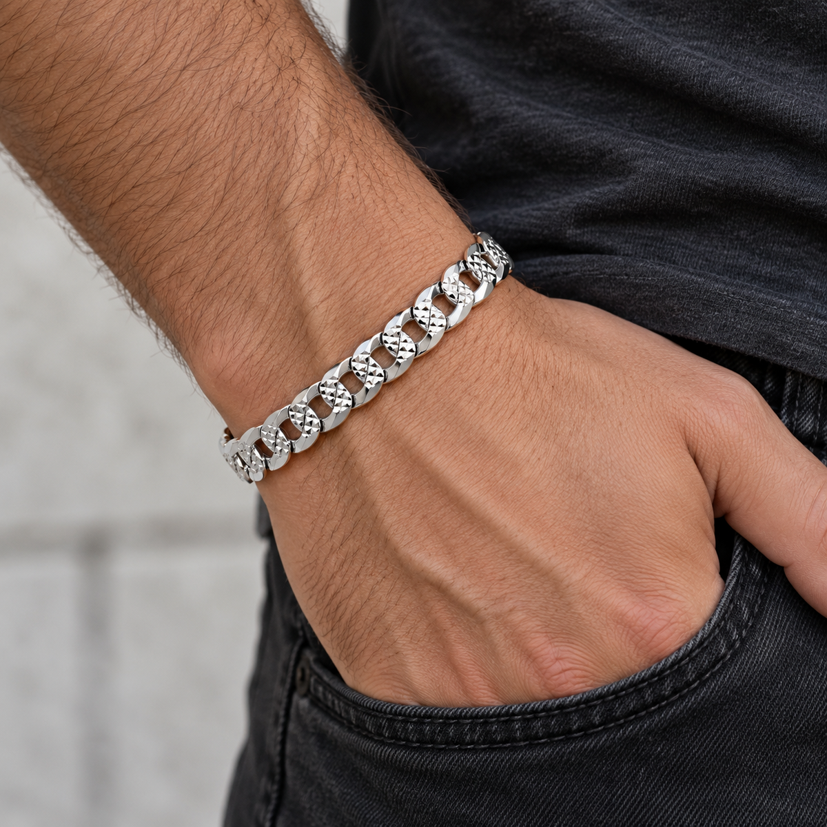 Men's Flat Patterned Curb Bracelet Sterling Silver 8" Hallmarked 9mm Wide