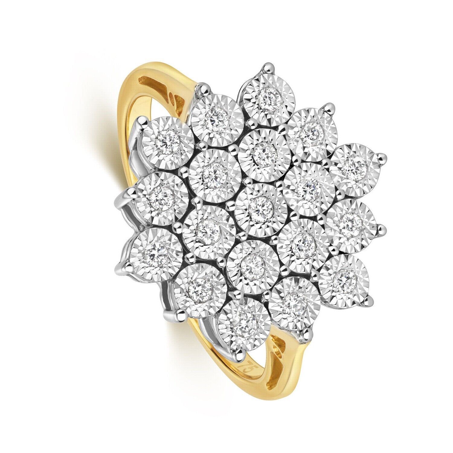 Real Diamond Ring Large Cluster 9ct Yellow Gold Engagement 0.20ctw Size J - Q